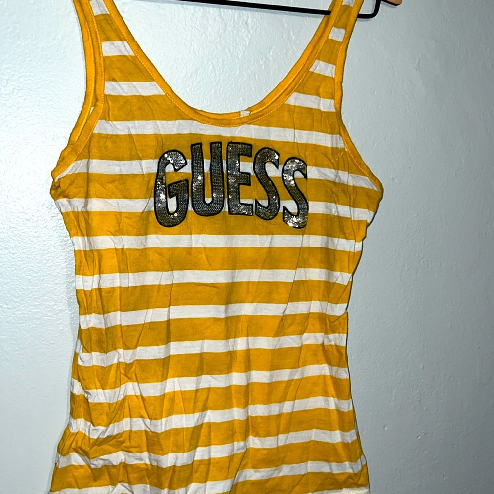 Guess Sequin Logo Yellow Stripped Tank Top